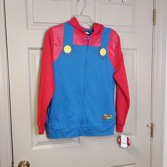 Nintendo Supermario Mario Style Boys XL Zip Up Hoodie NWT Red Blue - Picture 1 of 5